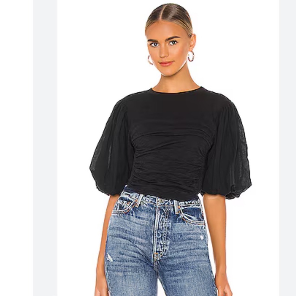 Free People Sweet Spot Top Women Medium Black Ruched Puff Sleeve Tee